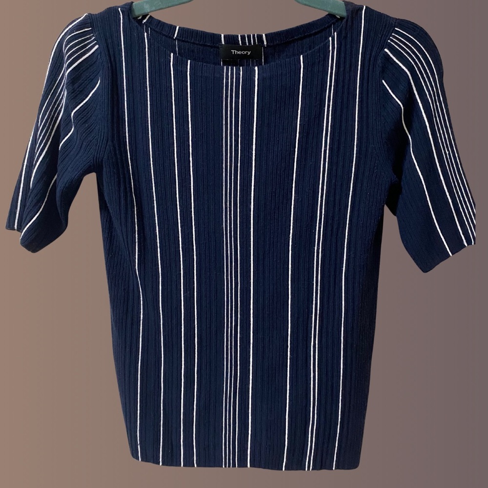 Theory Navy and White Striped Short Sleeve Top
